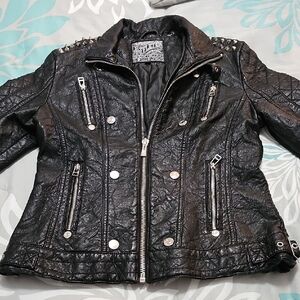 Affliction Textured Black Leather Jacket with Metallic Details